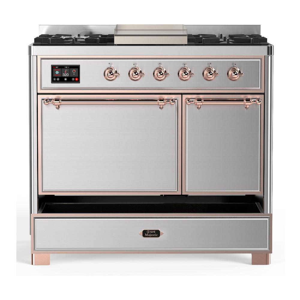 Ilve UMD40FQNR3SSPLP Ilve Umd40Fqnr3Ssplp Majestic Iii 40 Inch Dual Fuel Range With 6 Burners And Griddle, Dual Function Burner Up To 25,000 Btu (Liquid Propane, Solid Door, Stainless Steel, Copper)