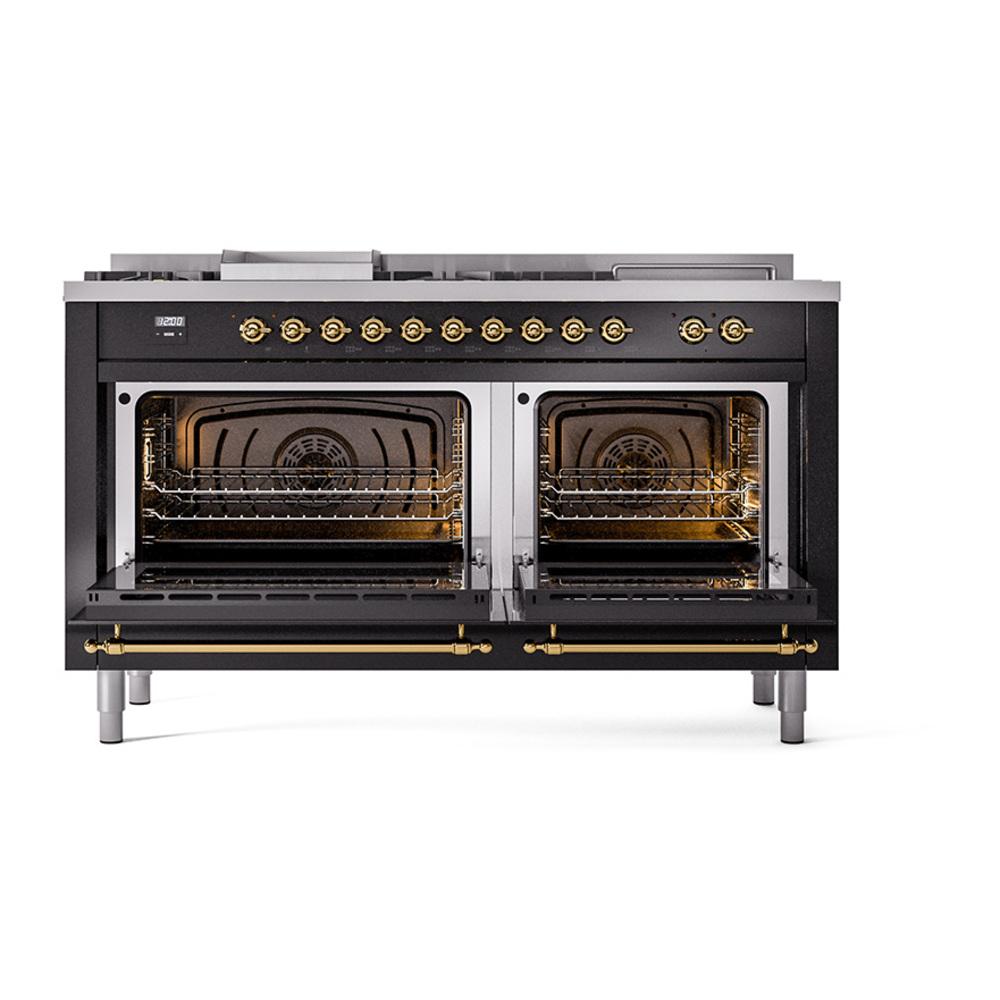 Ilve UN60FSNMPBKG Ilve Un60Fsnmpbkg Nostalgie Ii Noblesse 60" Dual Fuel Range (7 Sealed Burners + Griddle + French Top, Natural Gas, Triple Glass Door, Glossy Black, Brass)