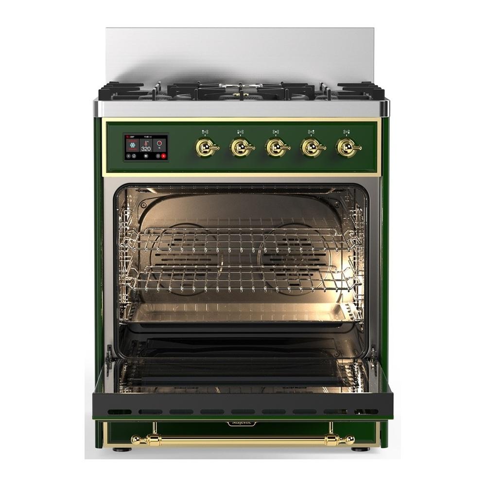 Ilve UM30QNR3EGGLP Ilve Um30Qnr3Egglp Majestic Iii 30 Inch Dual Fuel Range With 5 Black Brass Burners, Dual Function Burner Up To 25,000 Btu (Liquid Propane, Solid Door, Emerald Green, Brass)