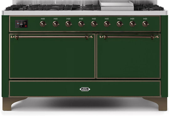 Ilve UM15FDQNS3EGB Majestic Ii 60 Inch Dual Fuel Natural Gas Freestanding Range In Emerald Green With Bronze Trim