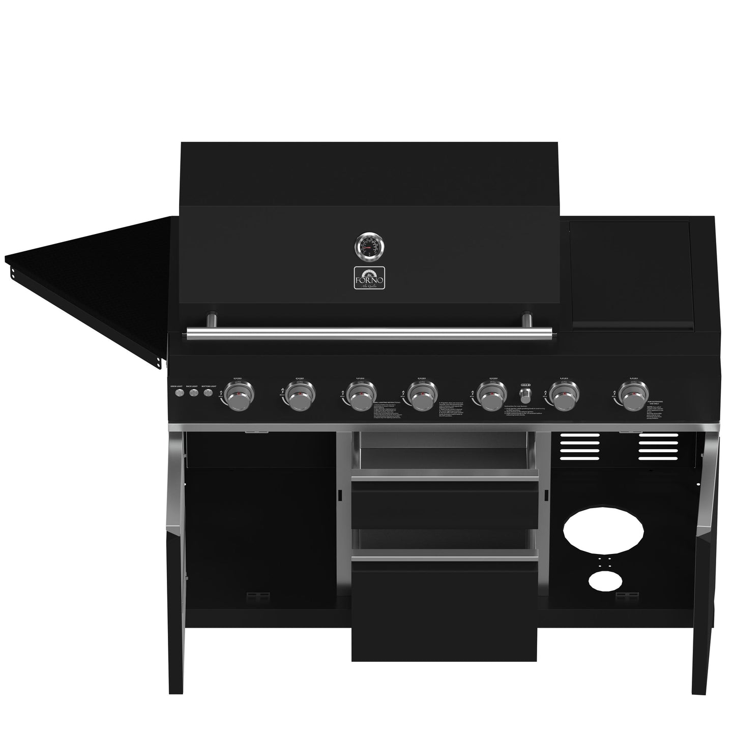 Forno FODKT2551BLK Forno All Aperto 87,600 Btu Outdoor Kitchen, 4 Burners, Infrared Burners, Side Burner, Black Sintered Stone Countertops, Gas Pizza Oven, Sink Module, Bar & Beverage Center