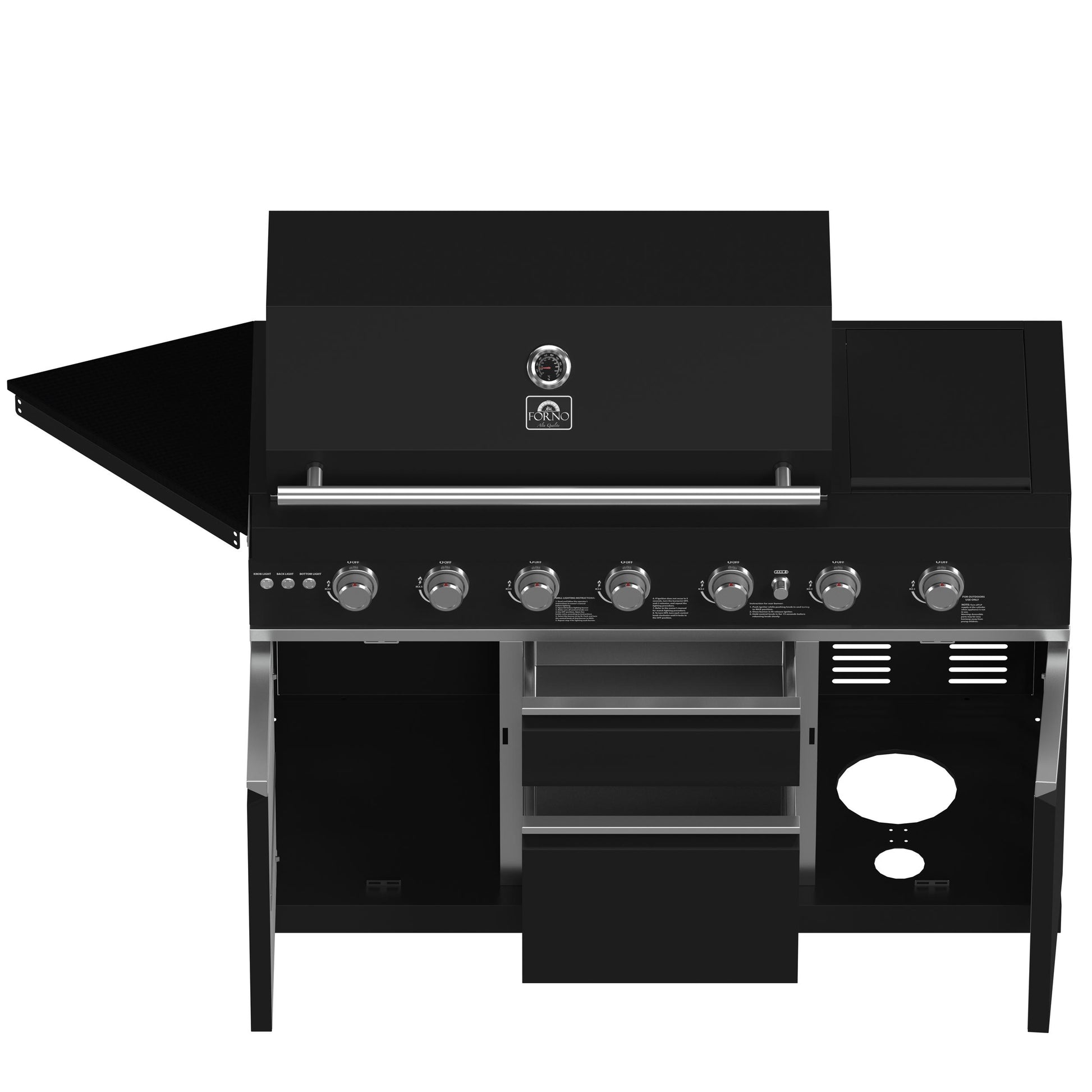 Forno FODKT2551BLK Forno All Aperto 87,600 Btu Outdoor Kitchen, 4 Burners, Infrared Burners, Side Burner, Black Sintered Stone Countertops, Gas Pizza Oven, Sink Module, Bar & Beverage Center