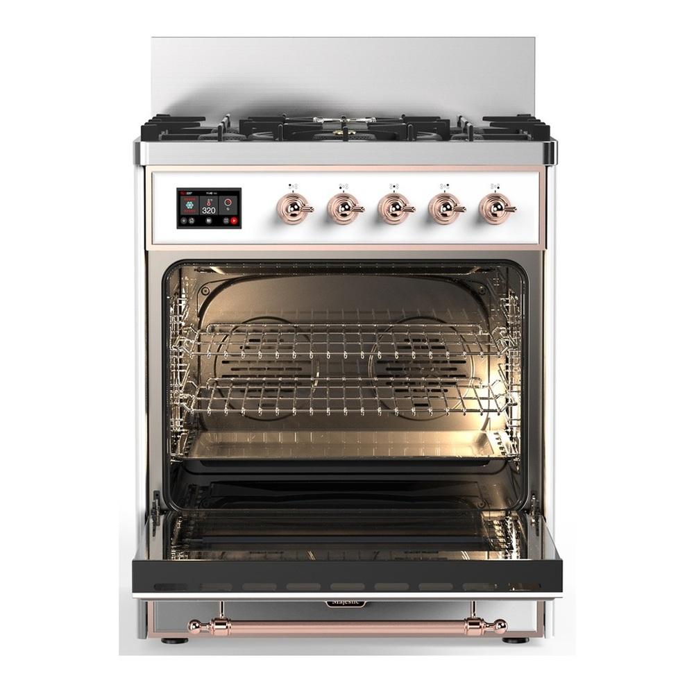 Ilve UM30QNR3WHP Ilve Um30Qnr3Whp Majestic Iii 30 Inch Dual Fuel Range With 5 Black Brass Burners, Dual Function Burner Up To 25,000 Btu (Natural Gas, Solid Door, White, Copper)