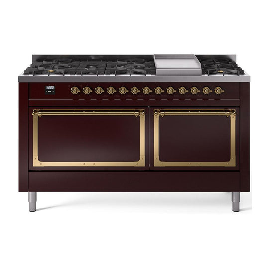Ilve UN60FQNMPBUGLP Ilve Un60Fqnmpbuglp Nostalgie Ii Noblesse 60" Dual Fuel Range (9 Sealed Burners + Griddle, Liquid Propane, Solid Door, Burgundy, Brass)