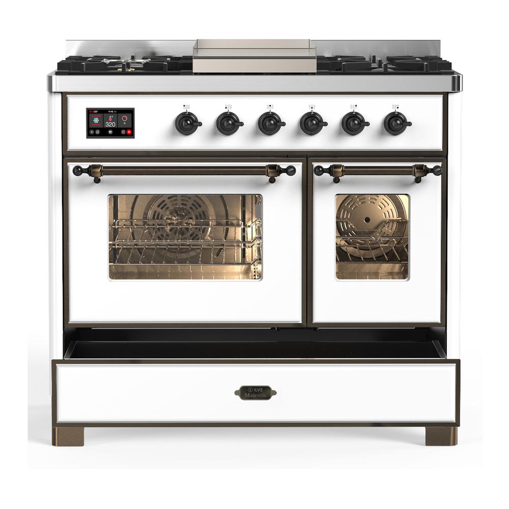 Ilve UMD40FNR3WHBLP Ilve Umd40Fnr3Whblp Majestic Iii 40 Inch Dual Fuel Range With 6 Burners And Griddle, Dual Function Burner Up To 25,000 Btu (Liquid Propane, Triple Glass Door, White, Burnished)