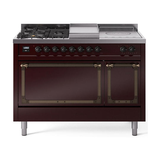 Ilve UN48FSQNMPBUB Ilve Un48Fsqnmpbub Nostalgie Ii Noblesse 48" Dual Fuel Range (5 Sealed Burners + Griddle + French Top, Natural Gas, Solid Door, Burgundy, Burnished)