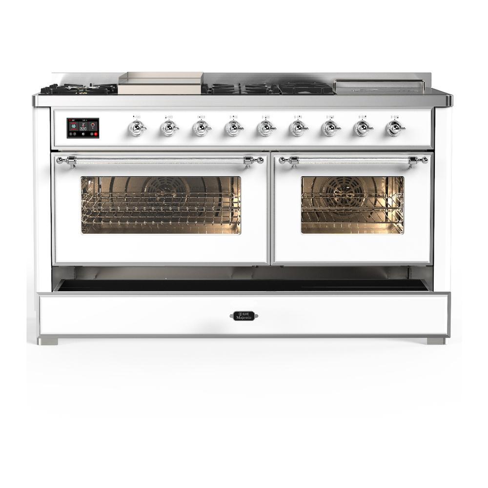 Ilve UM60FSNR3WHCLP Ilve Um60Fsnr3Whclp Majestic Iii 60 Inch Dual Fuel Range With 7 Burners, Griddle And French Top, Dual Function Burner With Up To 25,000 Btu (Liquid Propane, Triple Glass Door, White, Chrome)