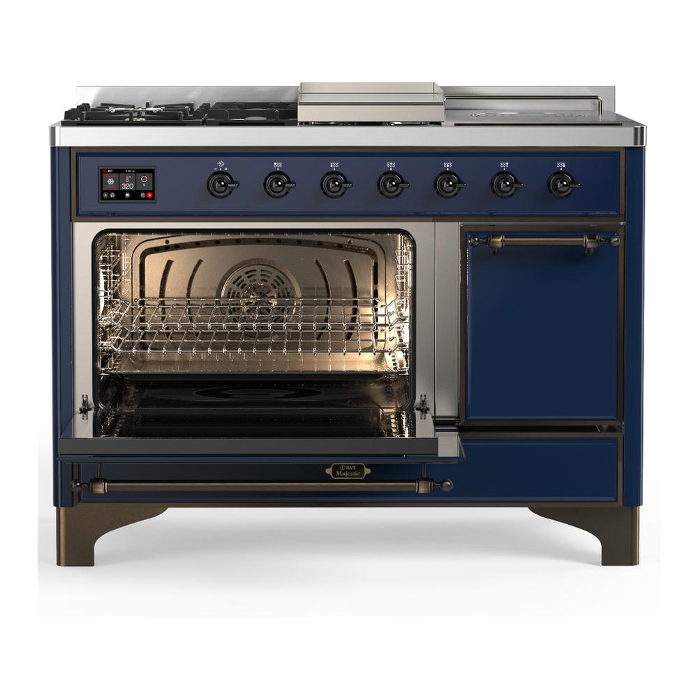Ilve UM48FSQNR3MBB Ilve Um48Fsqnr3Mbb Majestic Iii 48 Inch Dual Fuel Range With 5 Black Brass Burners, Griddle And French Top, Dual Function Burner Up To 25,000 Btu (Natural Gas, Solid Door, Midnight Blue, Burnished)