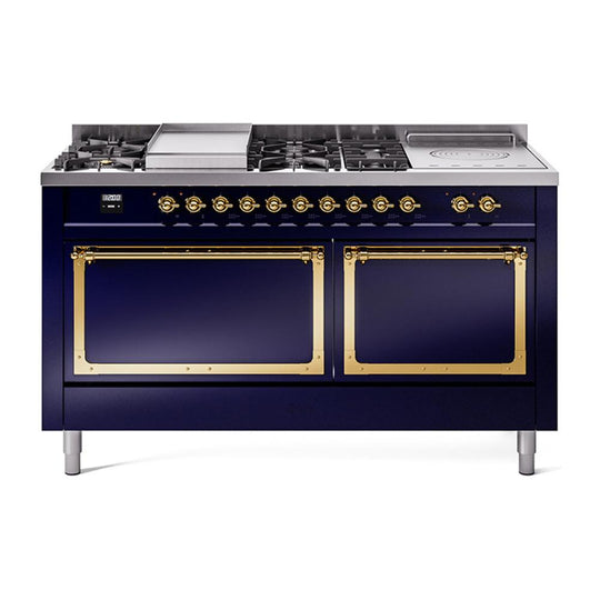 Ilve UN60FSQNMPMBG Ilve Un60Fsqnmpmbg Nostalgie Ii Noblesse 60" Dual Fuel Range (7 Sealed Burners + Griddle + French Top, Natural Gas, Solid Door, Midnight Blue, Brass)