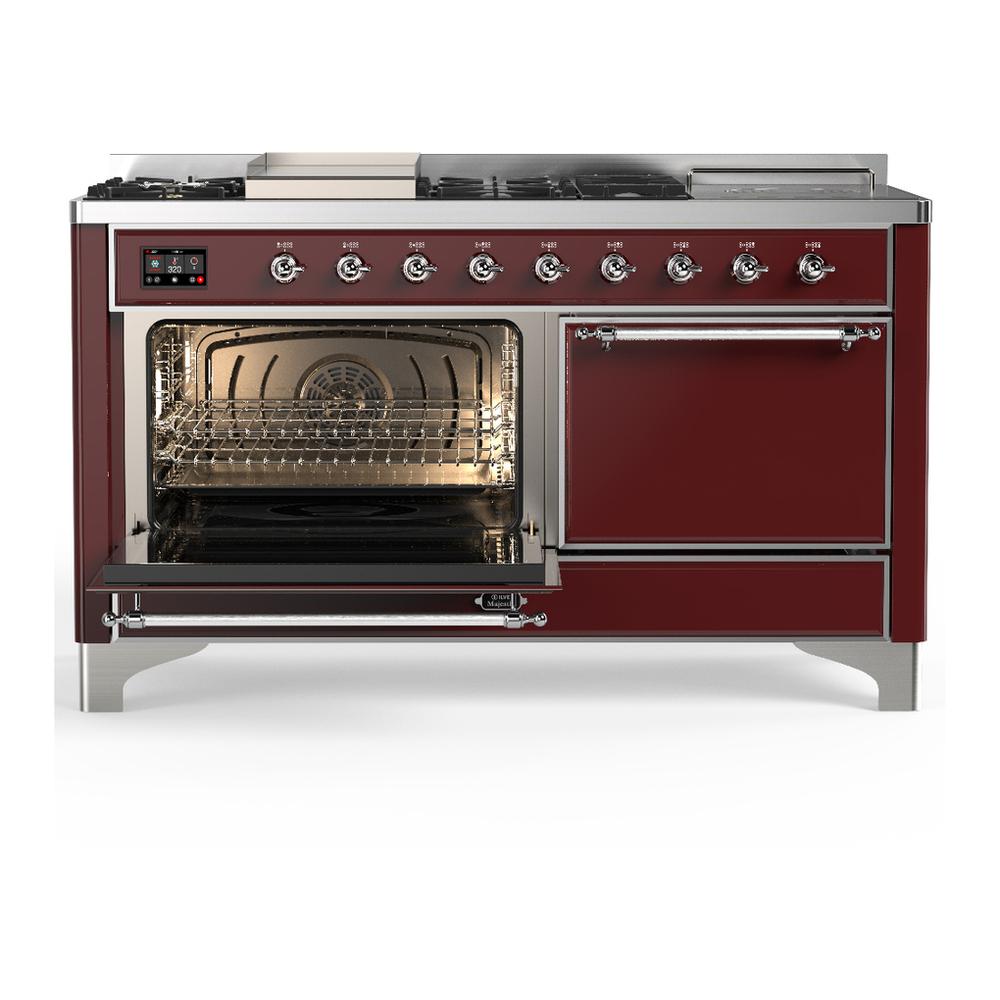 Ilve UM60FSQNR3BUC Ilve Um60Fsqnr3Buc Majestic Iii 60 Inch Dual Fuel Range With 7 Burners, Griddle And French Top, Dual Function Burner With Up To 25,000 Btu (Natural Gas, Solid Door, Burgundy, Chrome)
