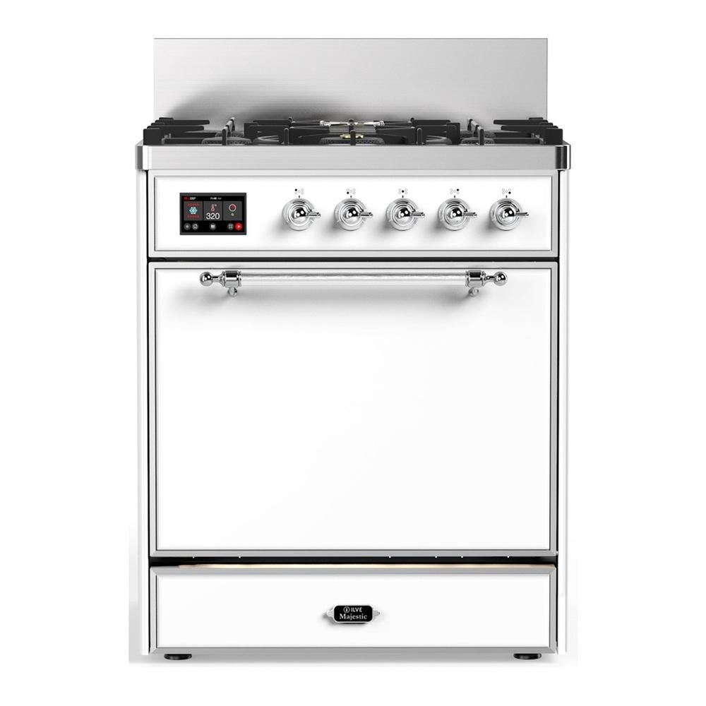 Ilve UM30QNR3WHCLP Ilve Um30Qnr3Whclp Majestic Iii 30 Inch Dual Fuel Range With 5 Black Brass Burners, Dual Function Burner Up To 25,000 Btu (Liquid Propane, Solid Door, White, Chrome)