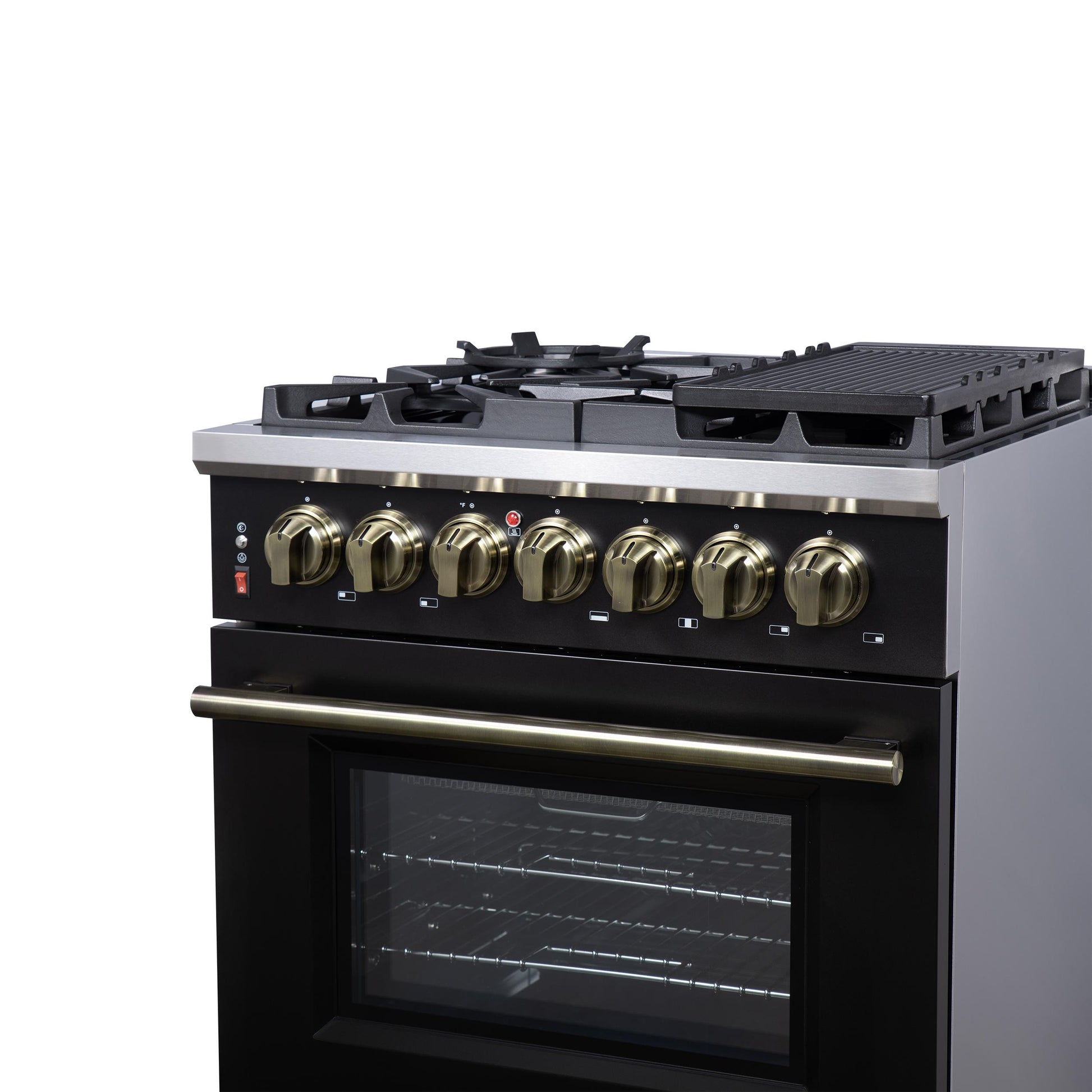 Forno FFSGS612530BLK Forno Massimo 30-Inch Freestanding Dual Fuel Range In Black With Antique Brass Accessories, 4 Burners, 4.32 Cu. Ft. Convection Oven