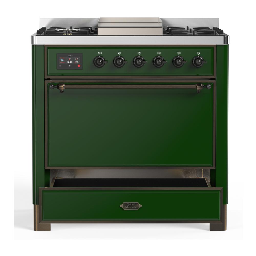 Ilve UM36FQNR3EGBLP Ilve Um36Fqnr3Egblp Majestic Iii 36 Inch Dual Fuel Range With 6 Black Brass Burners And Griddle, Dual Function Burner Up To 25,000 Btu (Solid Door, Emerald Green, Burnished, Liquid Propane)