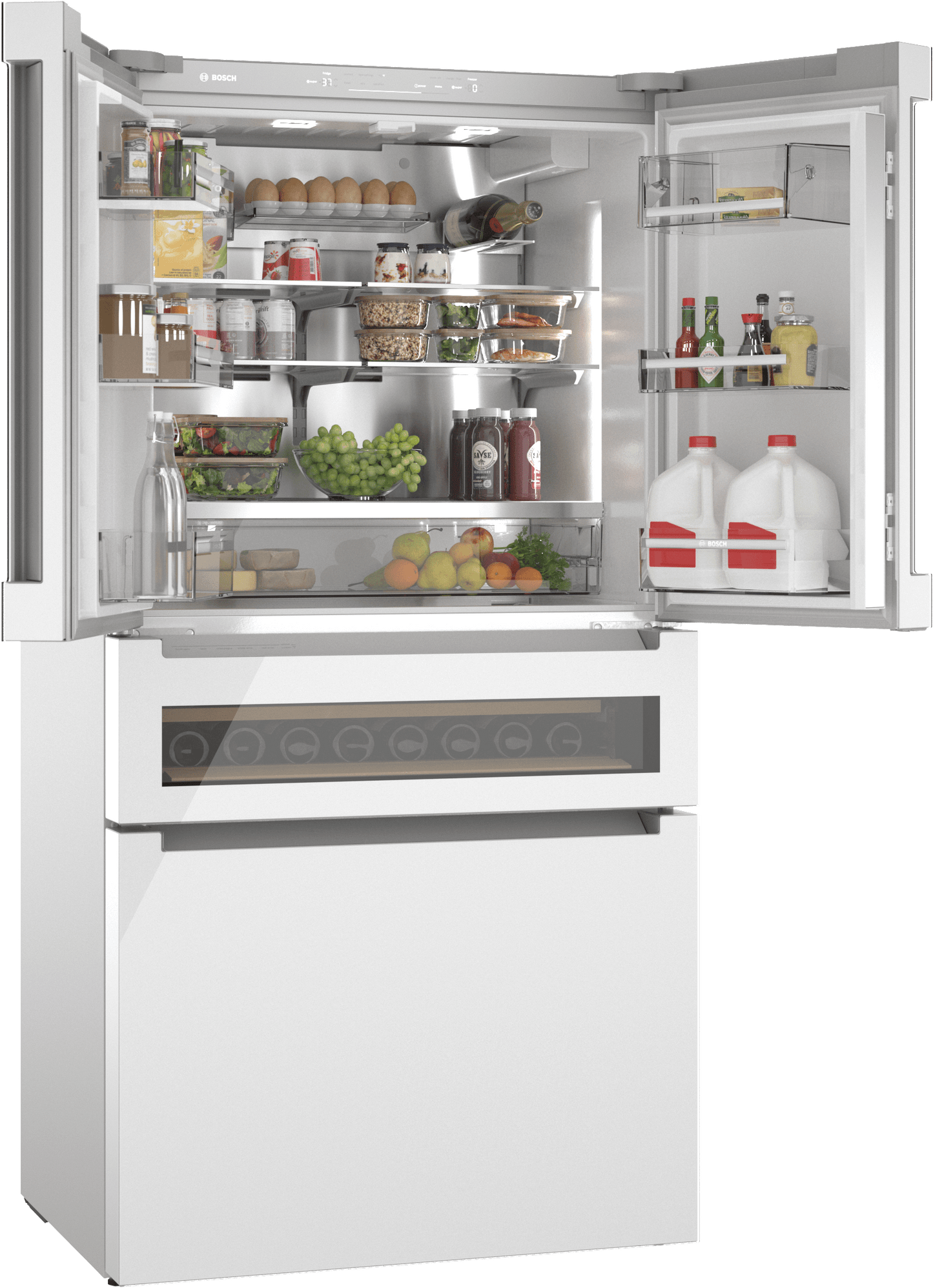 Bosch B36CL84ENW 800 Series, French Door Bottom Mount Refrigerator, Glass Door, 36'', White, Total No Frost