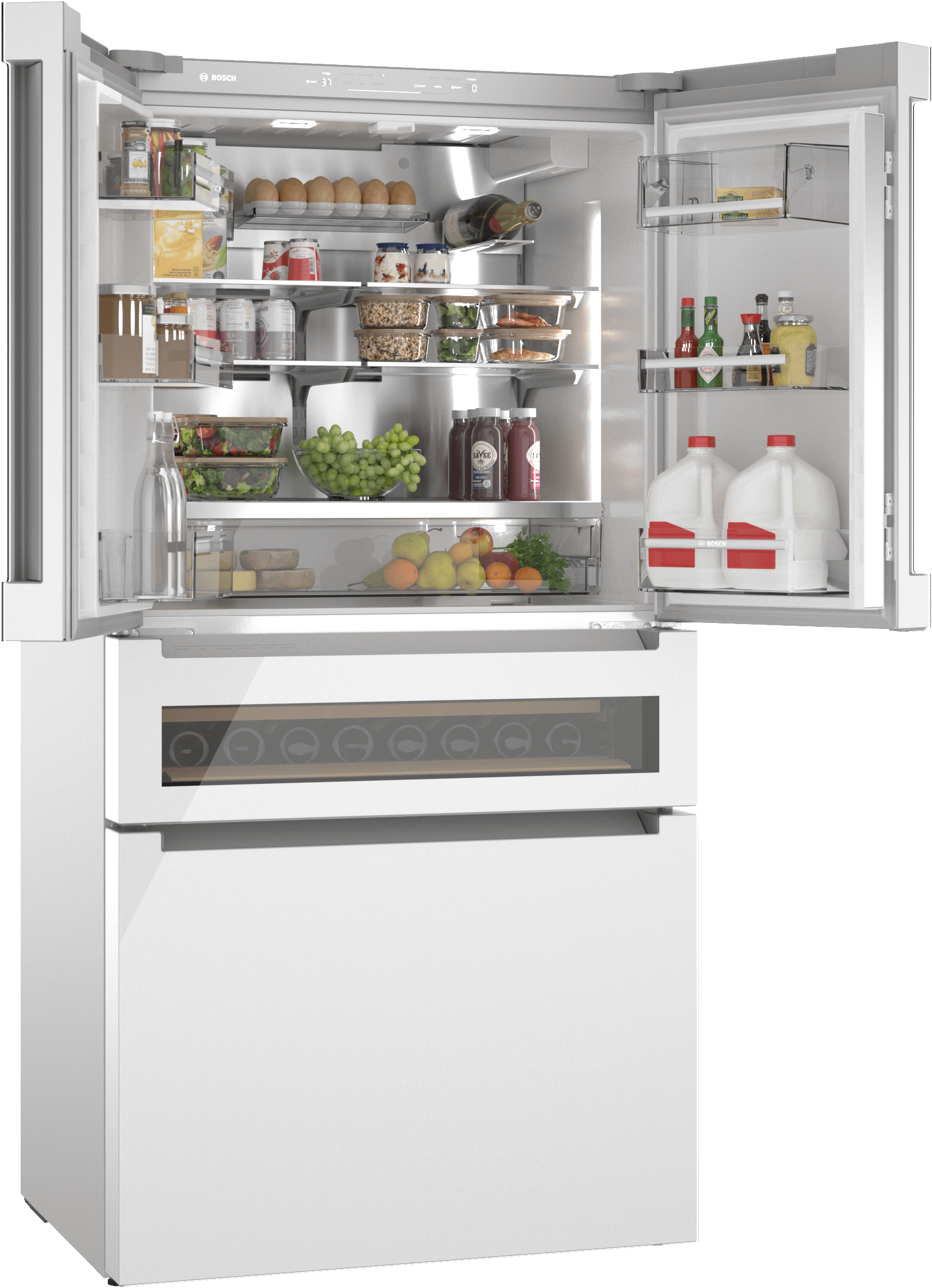 Bosch B36CL84ENW 800 Series, French Door Bottom Mount Refrigerator, Glass Door, 36'', White, Total No Frost