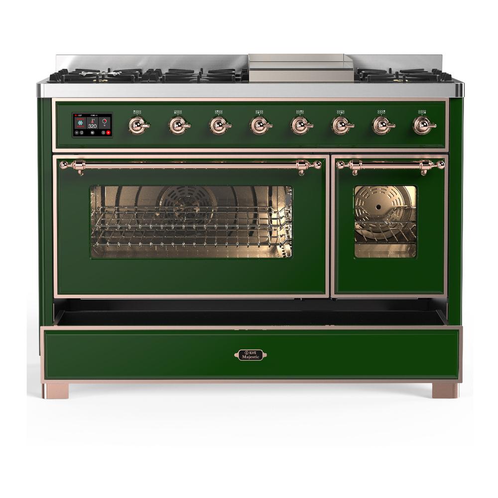 Ilve UM48FNR3EGP Ilve Um48Fnr3Egp Majestic Iii 48 Inch Dual Fuel Range With 8 Burners And Griddle, Dual Function Burner Up To 25,000 Btu (Natural Gas, Triple Glass Door, Emerald Green, Copper)