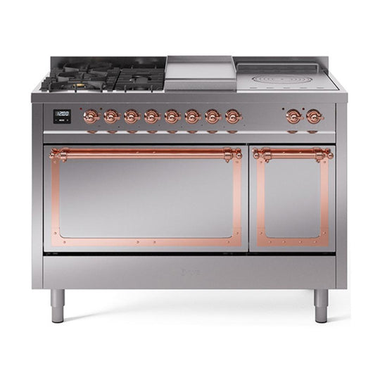 Ilve UN48FSQNMPSSPLP Ilve Un48Fsqnmpssplp Nostalgie Ii Noblesse 48" Dual Fuel Range (5 Sealed Burners + Griddle + French Top, Liquid Propane, Solid Door, Stainless Steel, Copper)