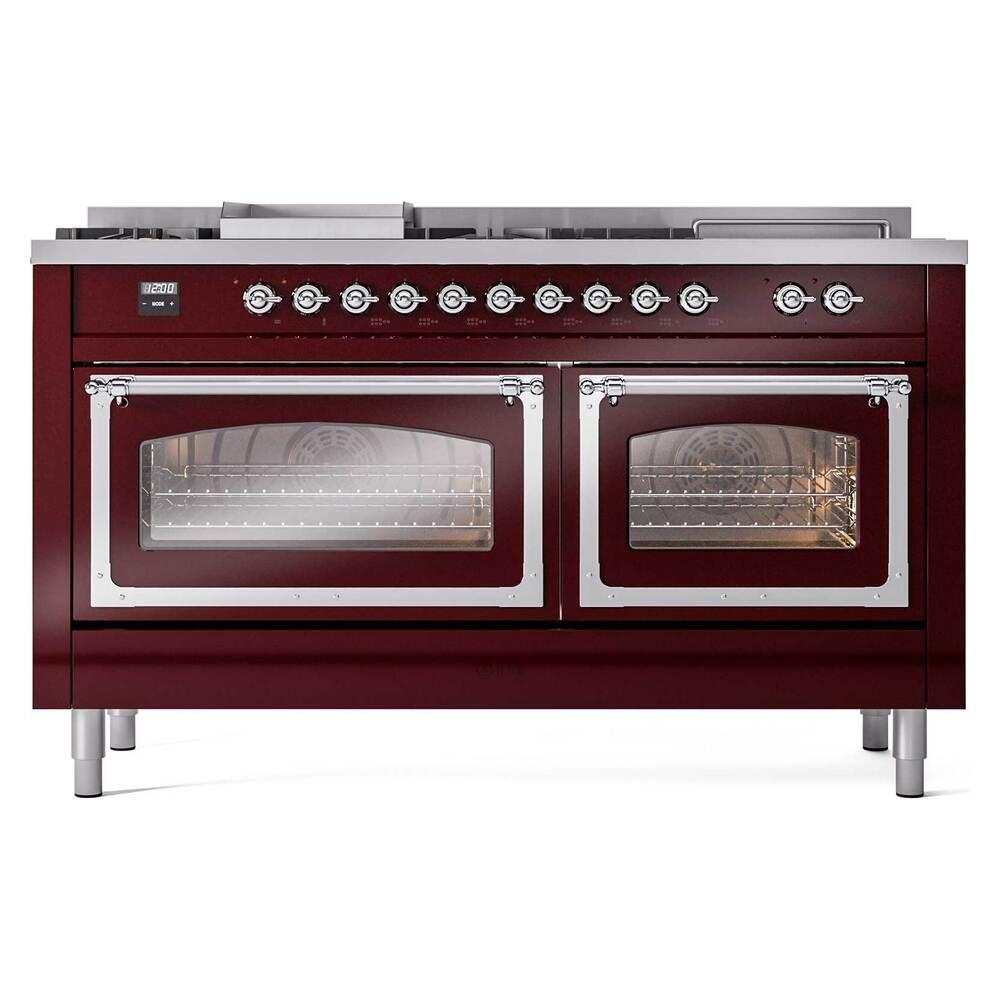 Ilve UN60FSNMPBUC Ilve Un60Fsnmpbuc Nostalgie Ii Noblesse 60" Dual Fuel Range (7 Sealed Burners + Griddle + French Top, Natural Gas, Triple Glass Door, Burgundy, Chrome)