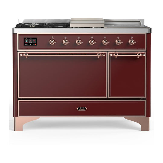 Ilve UM48FSQNR3BUP Ilve Um48Fsqnr3Bup Majestic Iii 48 Inch Dual Fuel Range With 5 Black Brass Burners, Griddle And French Top, Dual Function Burner Up To 25,000 Btu (Natural Gas, Solid Door, Burgundy, Copper)