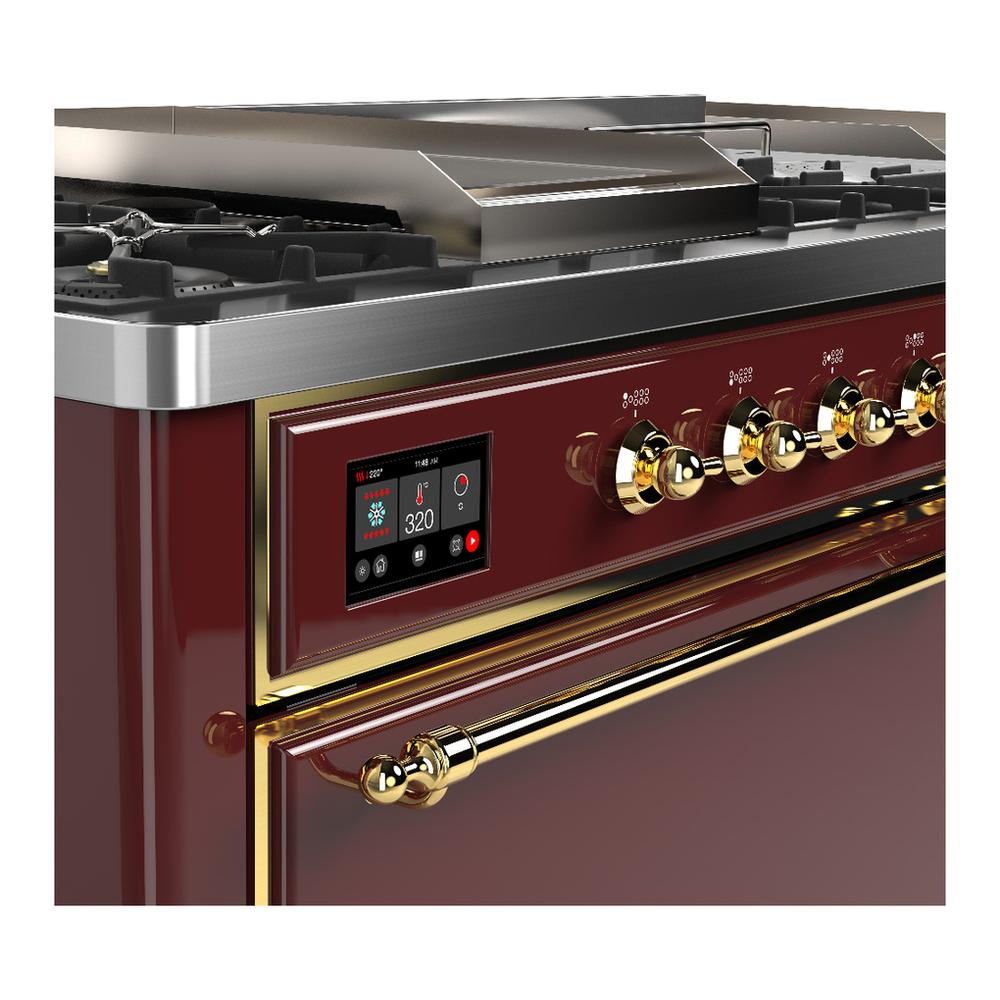 Ilve UM60FSQNR3BUG Ilve Um60Fsqnr3Bug Majestic Iii 60 Inch Dual Fuel Range With 7 Burners, Griddle And French Top, Dual Function Burner With Up To 25,000 Btu (Natural Gas, Solid Door, Burgundy, Brass)