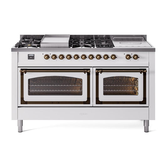 Ilve UN60FSNMPWHB Ilve Un60Fsnmpwhb Nostalgie Ii Noblesse 60" Dual Fuel Range (7 Sealed Burners + Griddle + French Top, Natural Gas, Triple Glass Door, White, Burnished)