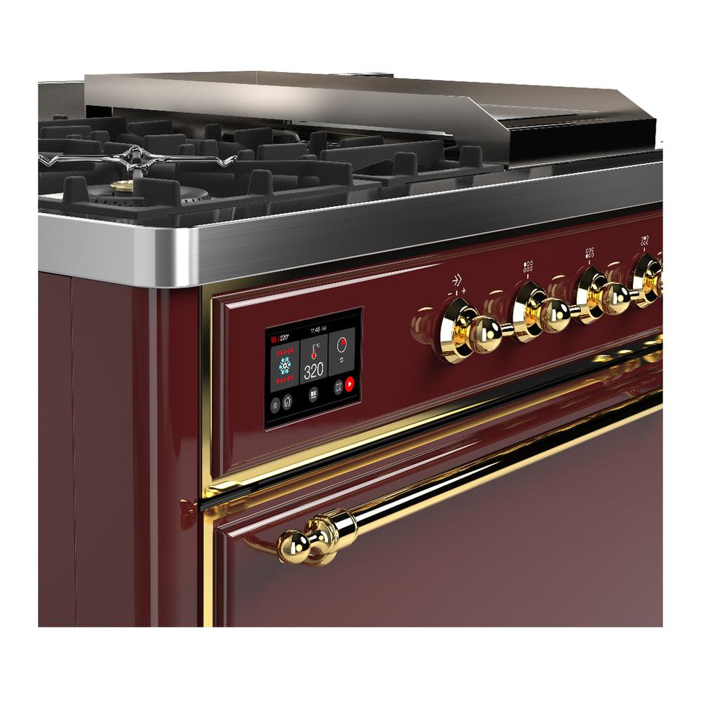 Ilve UM48FSQNR3BUGLP Ilve Um48Fsqnr3Buglp Majestic Iii 48 Inch Dual Fuel Range With 5 Black Brass Burners, Griddle And French Top, Dual Function Burner Up To 25,000 Btu (Liquid Propane, Solid Door, Burgundy, Brass)