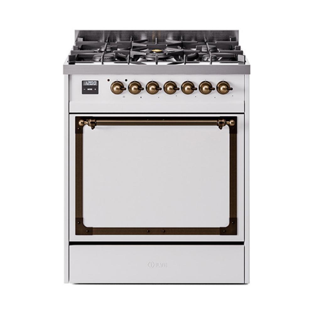 Ilve UN30QNMPWHB Ilve Un30Qnmpwhb Nostalgie Ii Noblesse 30" Dual Fuel Range (Natural Gas, Solid Door, White, Burnished)