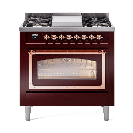 Ilve UN36FNMPBUP Ilve Un36Fnmpbup Nostalgie Ii Noblesse 36" Dual Fuel Range (Natural Gas, Triple Glass Door, Burgundy, Copper)