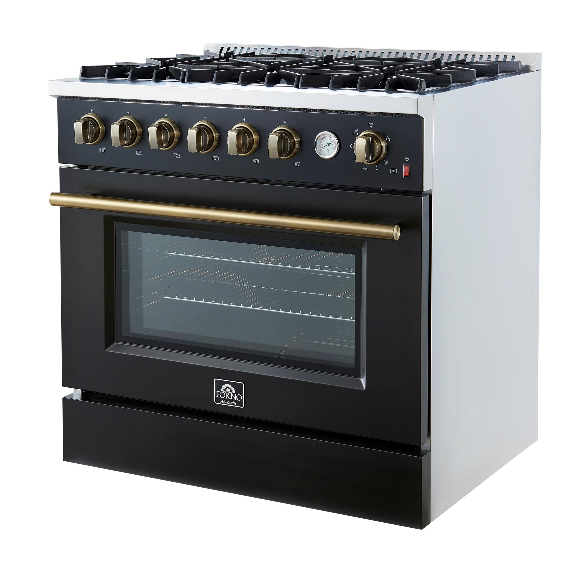 Forno FFSGS627736BLK Marco 36-Inch Gas Range Black & Antique Brass Design, 6 Burners 67,000 Btu, 5.36 Cu.Ft. Convection Oven