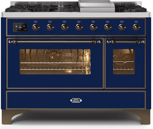 Ilve UM12FDNS3MBBLP Majestic Ii 48 Inch Dual Fuel Liquid Propane Freestanding Range In Blue With Bronze Trim