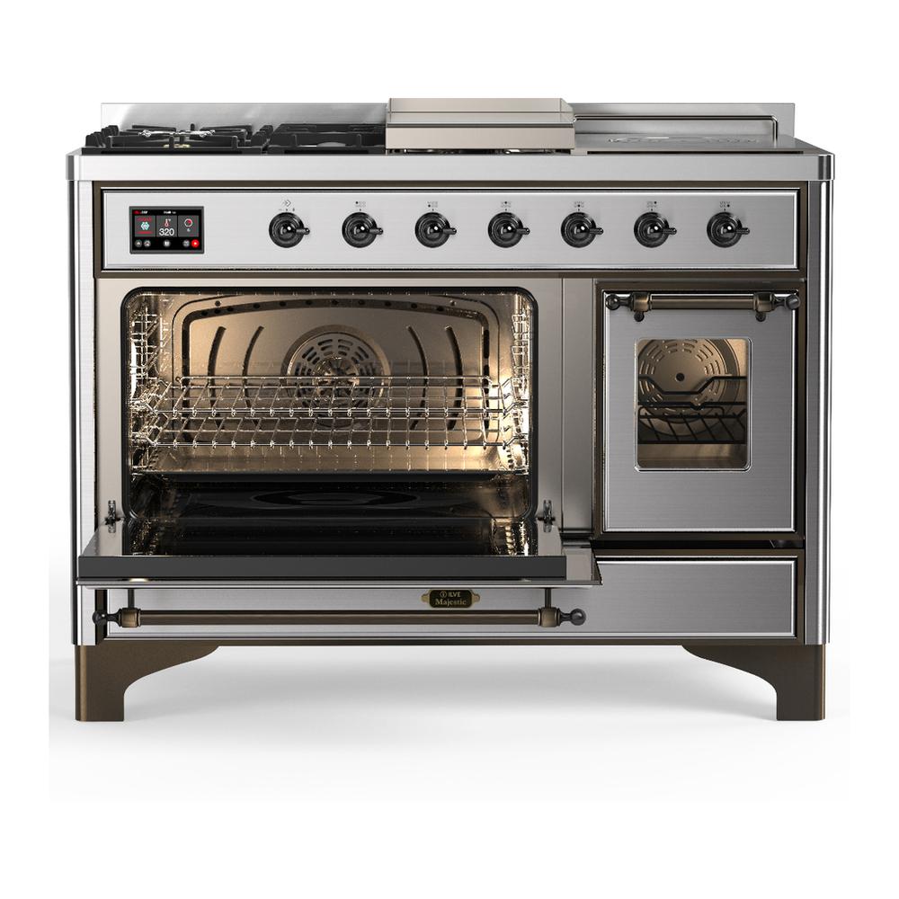 Ilve UM48FSNR3SSBLP Ilve Um48Fsnr3Ssblp Majestic Iii 48 Inch Dual Fuel Range With 5 Black Brass Burners, Griddle And French Top, Dual Function Burner Up To 25,000 Btu (Liquid Propane, Triple Glass Door, Stainless Steel, Burnished)
