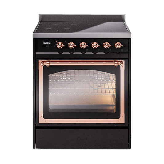 Ilve UNI304NMPBKP Ilve Uni304Nmpbkp Nostalgie Ii Noblesse 30" Induction Range (Triple Glass Door, Glossy Black, Copper)