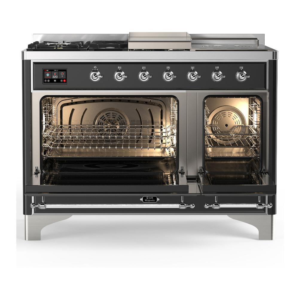Ilve UM48FSNR3MGC Ilve Um48Fsnr3Mgc Majestic Iii 48 Inch Dual Fuel Range With 5 Black Brass Burners, Griddle And French Top, Dual Function Burner Up To 25,000 Btu (Natural Gas, Triple Glass Door, Graphite Matte, Chrome)
