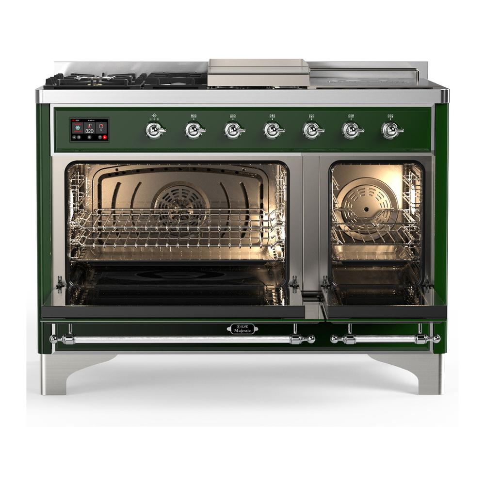 Ilve UM48FSQNR3EGCLP Ilve Um48Fsqnr3Egclp Majestic Iii 48 Inch Dual Fuel Range With 5 Black Brass Burners, Griddle And French Top, Dual Function Burner Up To 25,000 Btu (Liquid Propane, Solid Door, Emerald Green, Chrome)