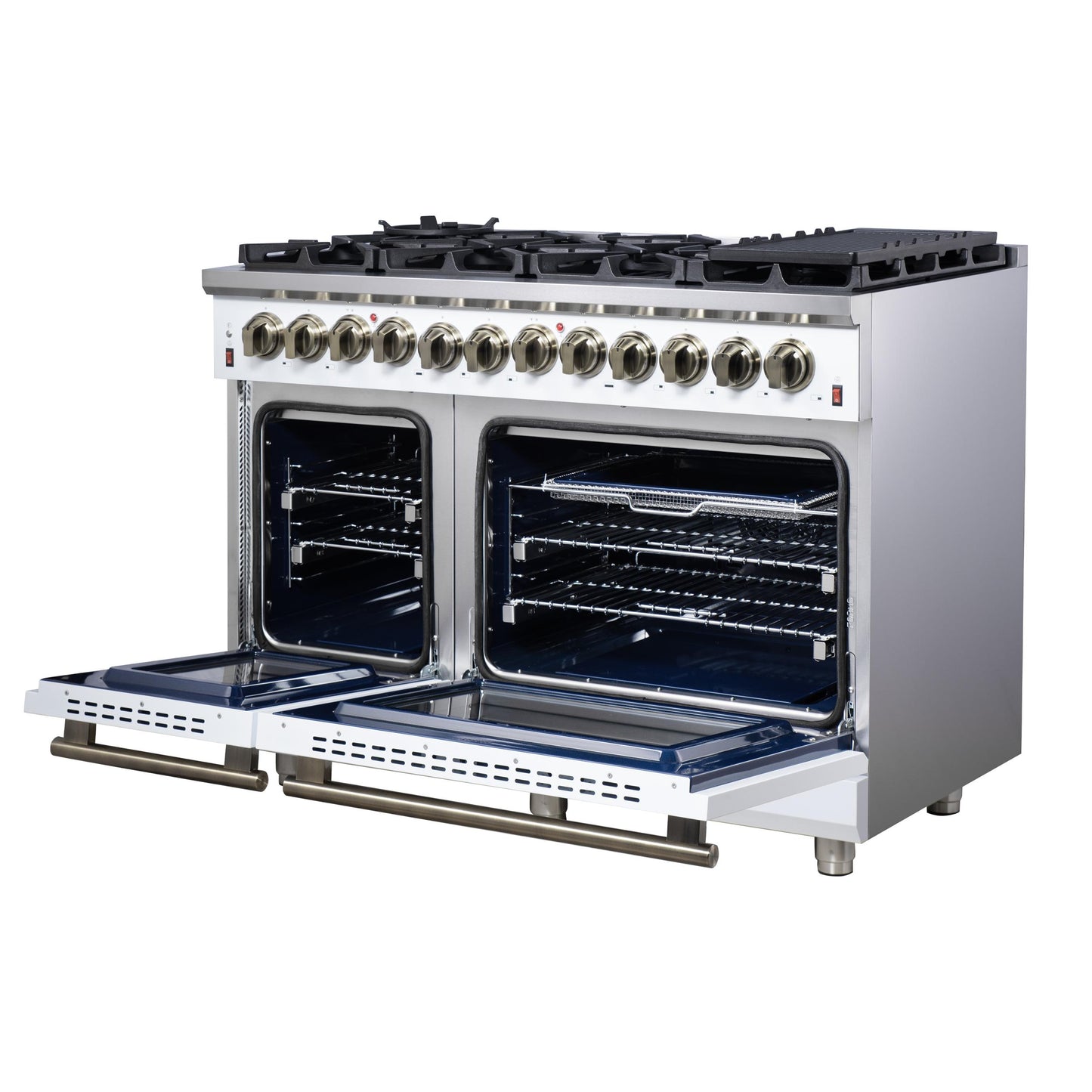 Forno FFSGS612548WHT Forno Massimo 48 Inch Freestanding Dual Fuel Range In White With Antique Brass Accessories, 8 Burners, 6.58 Cu. Ft. Convection Oven