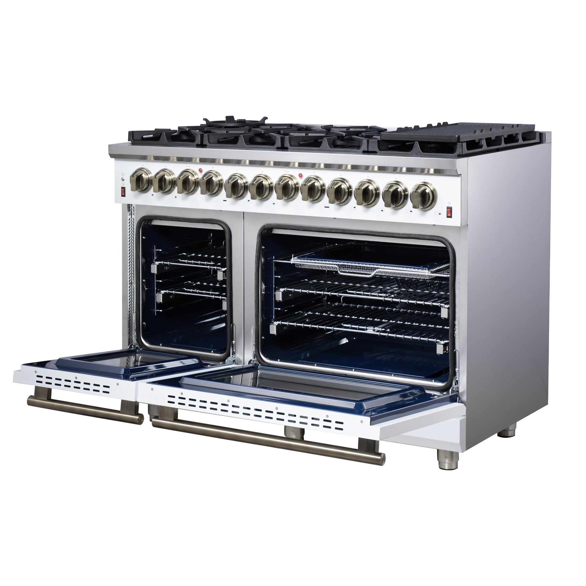 Forno FFSGS612548WHT Forno Massimo 48 Inch Freestanding Dual Fuel Range In White With Antique Brass Accessories, 8 Burners, 6.58 Cu. Ft. Convection Oven