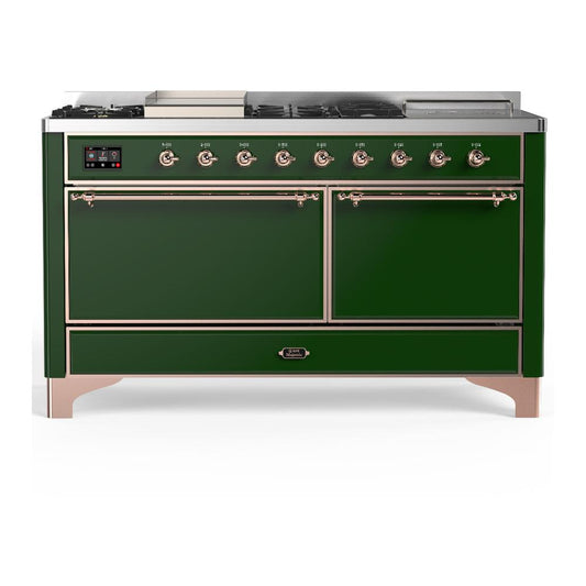 Ilve UM60FSQNR3EGPLP Ilve Um60Fsqnr3Egplp Majestic Iii 60 Inch Dual Fuel Range With 7 Burners, Griddle And French Top, Dual Function Burner With Up To 25,000 Btu (Liquid Propane, Solid Door, Emerald Green, Copper)