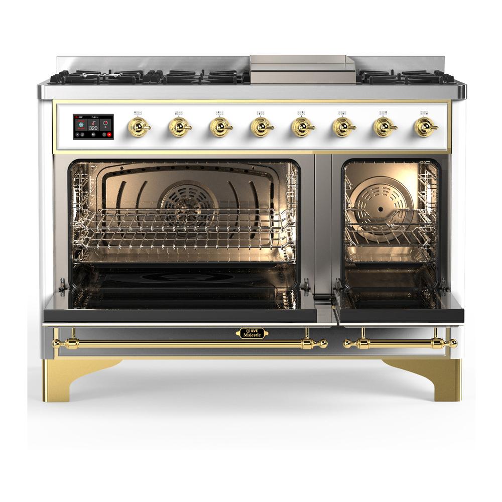 Ilve UM48FQNR3WHG Ilve Um48Fqnr3Whg Majestic Iii 48 Inch Dual Fuel Range With 8 Burners And Griddle, Dual Function Burner Up To 25,000 Btu (Natural Gas, Solid Door, White, Brass)