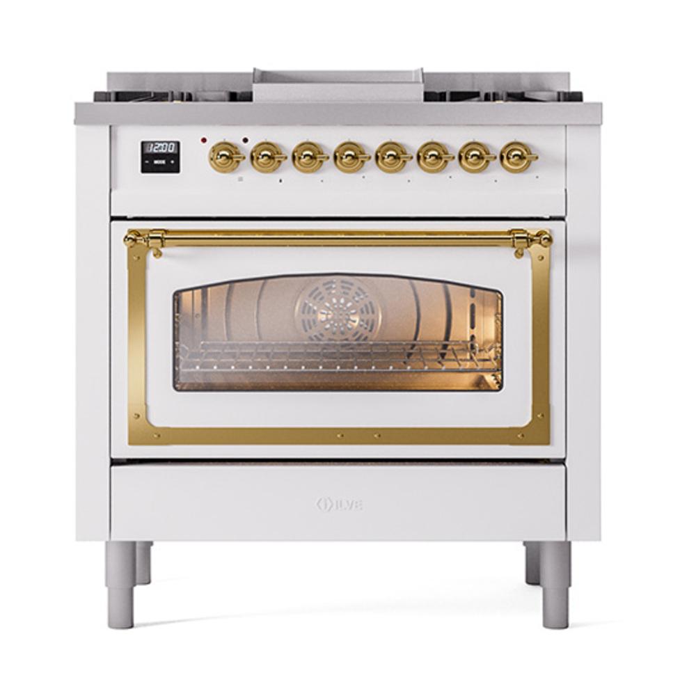 Ilve UN36FNMPWHG Ilve Un36Fnmpwhg Nostalgie Ii Noblesse 36" Dual Fuel Range (Natural Gas, Triple Glass Door, White, Brass)