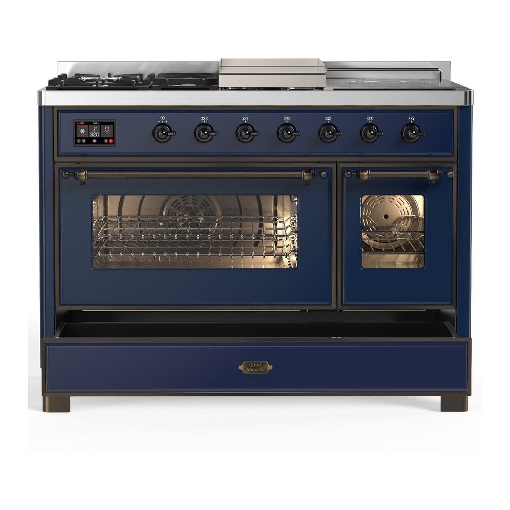 Ilve UM48FSNR3MBBLP Ilve Um48Fsnr3Mbblp Majestic Iii 48 Inch Dual Fuel Range With 5 Black Brass Burners, Griddle And French Top, Dual Function Burner Up To 25,000 Btu (Liquid Propane, Triple Glass Door, Midnight Blue, Burnished)