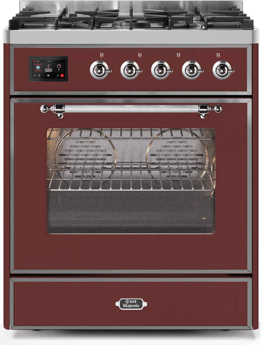 Ilve UM30DNE3BUC Majestic Ii 30 Inch Dual Fuel Natural Gas Freestanding Range In Burgundy With Chrome Trim