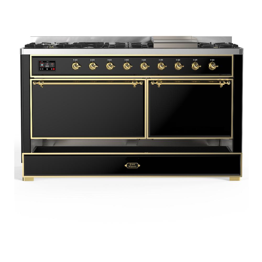 Ilve UM60FQNR3BKG Ilve Um60Fqnr3Bkg Majestic Iii 60 Inch Dual Fuel Range With 9 Burners And Griddle, Dual Function Burner Up To 25,000 Btu (Natural Gas, Solid Door, Glossy Black, Brass)