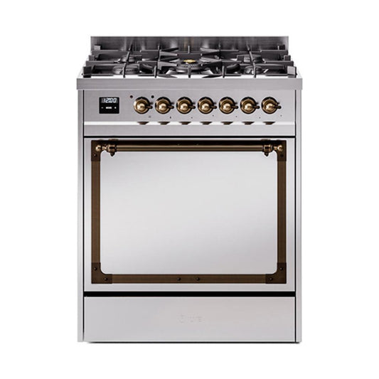 Ilve UN30QNMPSSB Ilve Un30Qnmpssb Nostalgie Ii Noblesse 30" Dual Fuel Range (Natural Gas, Solid Door, Stainless Steel, Burnished)
