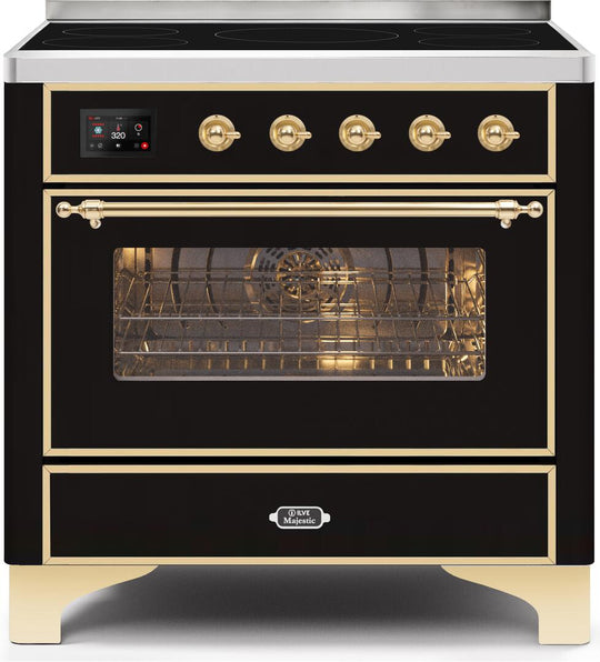 Ilve UMI09NS3BKG Majestic Ii 36 Inch Electric Freestanding Range In Glossy Black With Brass Trim