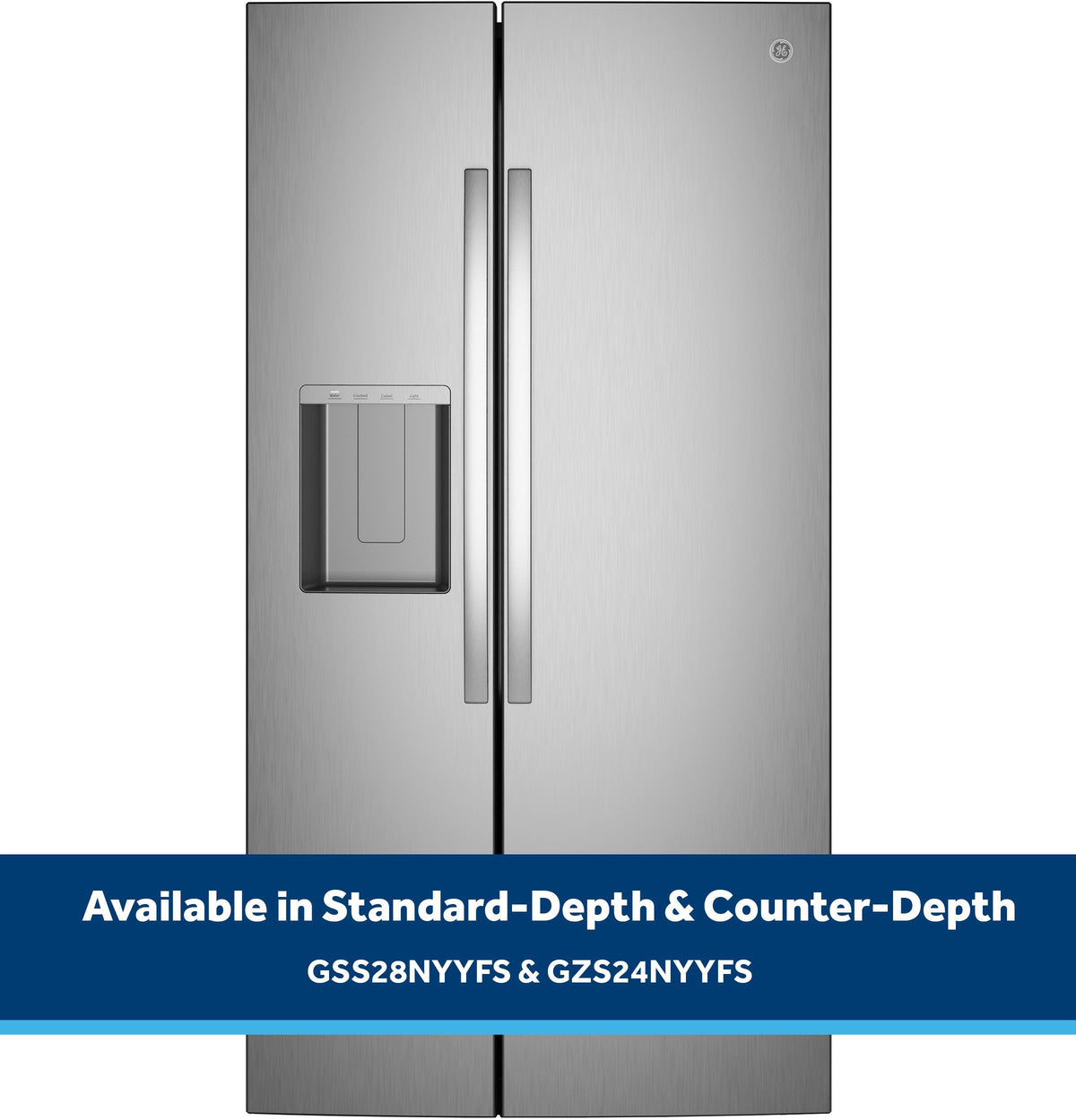Ge Appliances GZS24NYYFS Ge® 23.6 Cu. Ft. Counter-Depth Side-By-Side Refrigerator With Extra Tall Dispenser And In-Door Icemaker