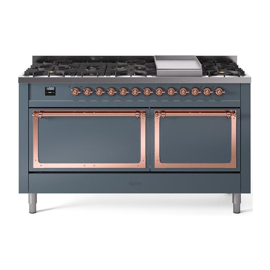 Ilve UN60FQNMPBGP Ilve Un60Fqnmpbgp Nostalgie Ii Noblesse 60" Dual Fuel Range (9 Sealed Burners + Griddle, Natural Gas, Solid Door, Blue Grey, Copper)