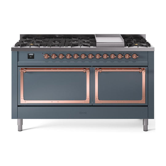 Ilve UN60FQNMPBGP Ilve Un60Fqnmpbgp Nostalgie Ii Noblesse 60" Dual Fuel Range (9 Sealed Burners + Griddle, Natural Gas, Solid Door, Blue Grey, Copper)