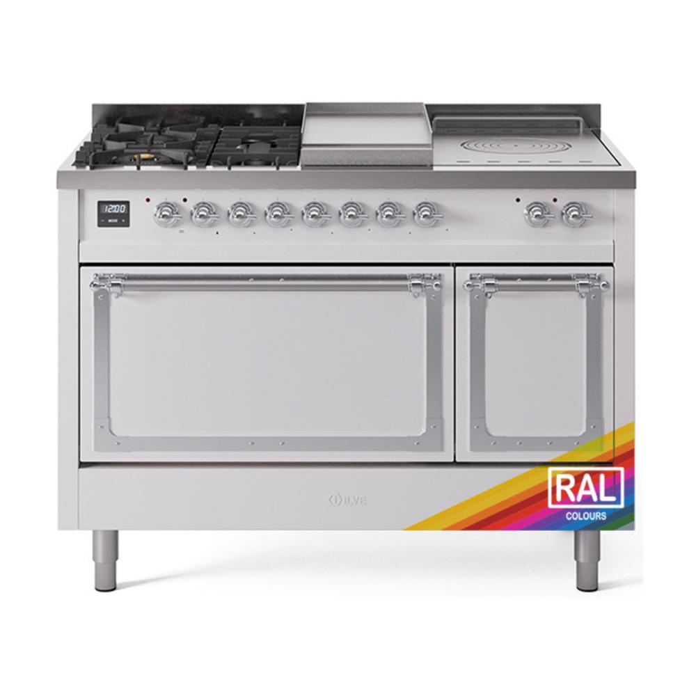 Ilve UN48FSQNMPRACLP Ilve Un48Fsqnmpraclp Nostalgie Ii Noblesse 48" Dual Fuel Range (5 Sealed Burners + Griddle + French Top, Liquid Propane, Solid Door, Ral, Chrome)