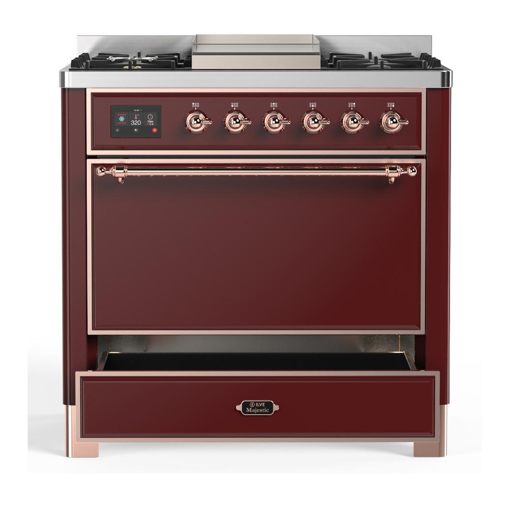 Ilve UM36FQNR3BUP Ilve Um36Fqnr3Bup Majestic Iii 36 Inch Dual Fuel Range With 6 Black Brass Burners And Griddle, Dual Function Burner Up To 25,000 Btu (Solid Door, Burgundy, Copper, Natural Gas)