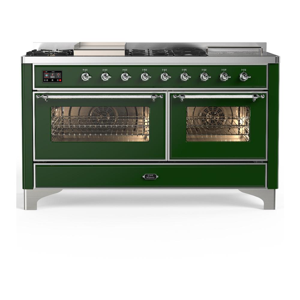 Ilve UM60FSNR3EGCLP Ilve Um60Fsnr3Egclp Majestic Iii 60 Inch Dual Fuel Range With 7 Burners, Griddle And French Top, Dual Function Burner With Up To 25,000 Btu (Liquid Propane, Triple Glass Door, Emerald Green, Chrome)